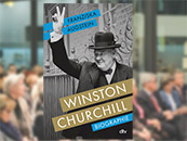 Cover des Buches „Winston Churchill. Biographie“, im Hintergrund Publikum einer Veranstaltung