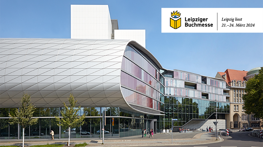 4. Erweiterungsbau der Deutschen Nationalbibliothek in Leipzig mit Anbindung an das historische Gebäude; oben rechts Labels der Leipziger Buchmesse und von Leipzig liest.