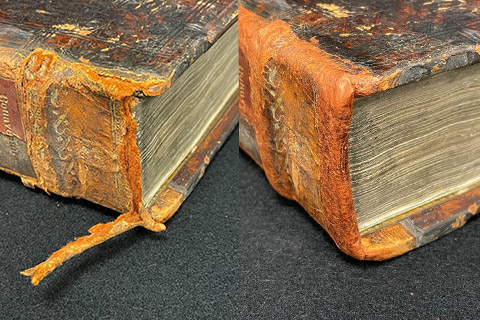 Band aus der historischen Buchsammlung, vor und nach der Restaurierung
