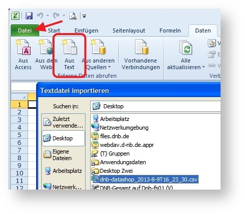 Screenshot der Excel-Menüleiste; zum Öffnen der CSV-Datei mit MS Excel nutzen Sie im Reiter "Daten" die Funktion „Externe Daten abrufen / Aus Text“