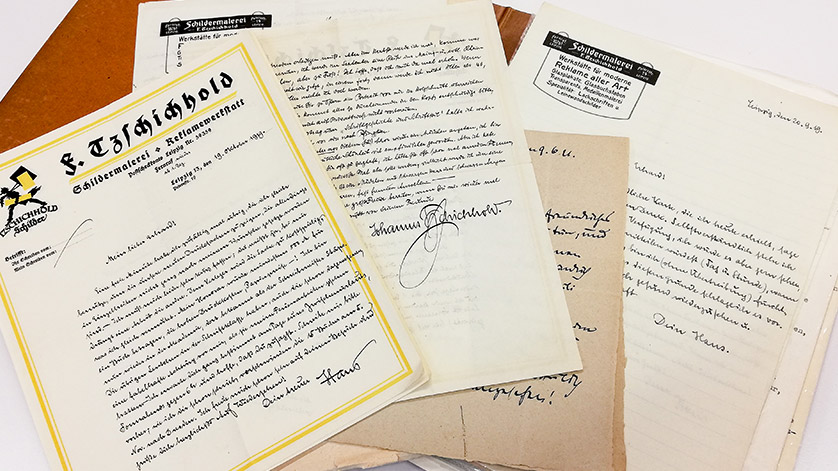 Handwritten letters from the Jan Tschichold estate in an open archival folder