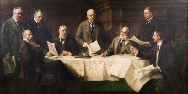 The First Executive Committee of the Deutsche Bücherei, painting by Hugo Vogel, L to R: A. Seemann, R. Dittrich, K. Siegismund, H. Paalzow (standing), E. Ehlermann, M. O. Schröder, K. Boysen, A. Meiner (seated).