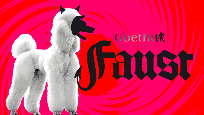 Goethe VR – Erscheinungsbild mit weißem Pudel, schwarzer Schrift und rotem Hintergrund